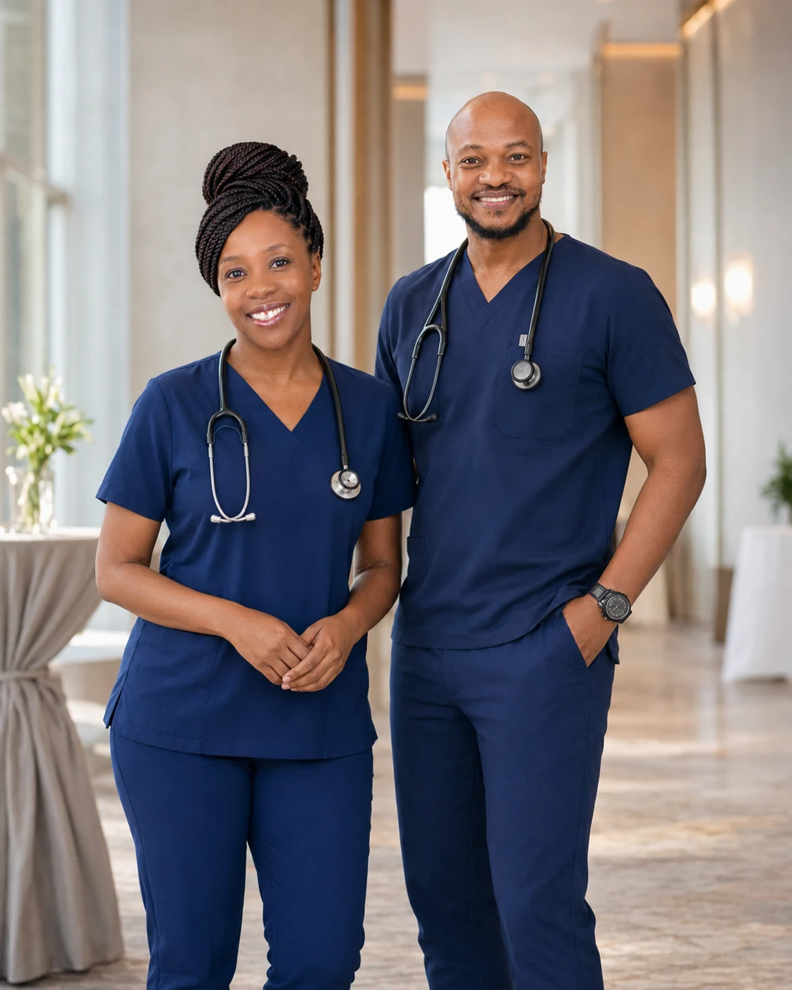Joel Polley and Annie Chitate standing together in navy scrubs